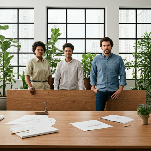 UBQT Solutions team collaborating in a modern Cape Town studio — diverse engineers and architects around a large table with laptops and whiteboards, natural light streaming through windows.